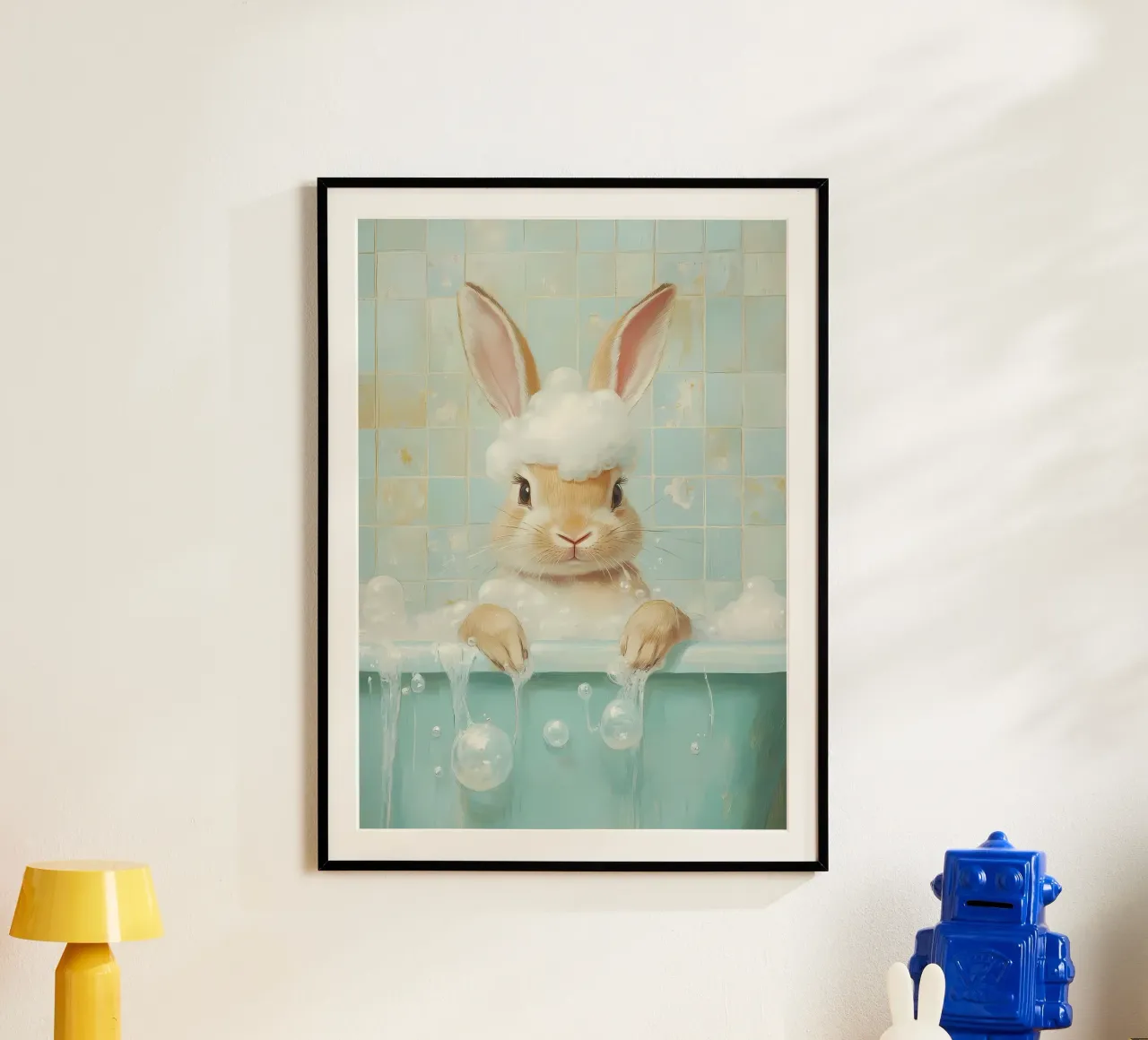 Bunny Badtijd poster met houten frame van Adrian Patel