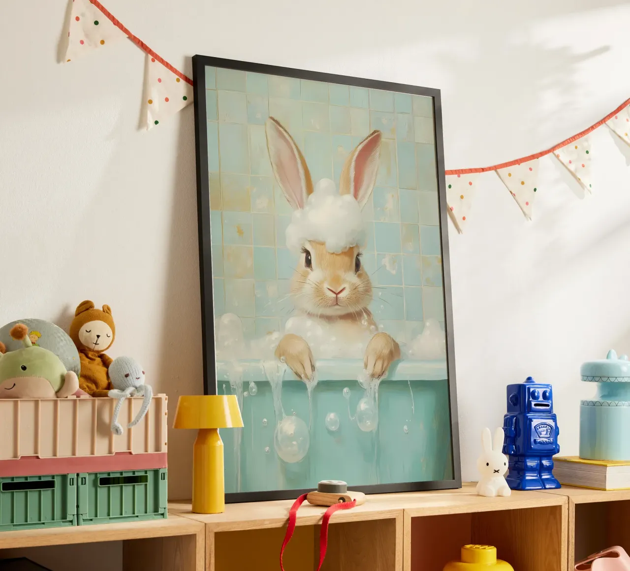 Bunny Badtijd poster met houten frame van Adrian Patel