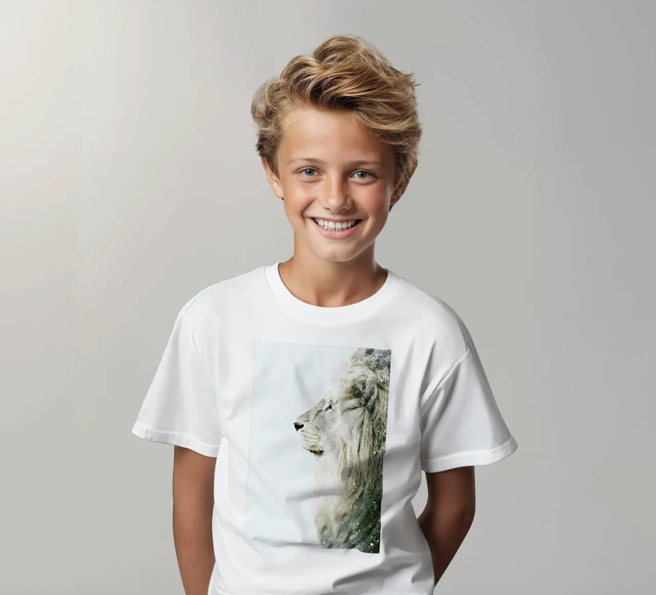 Lion in Snow kids t-shirt by Monika Strigel