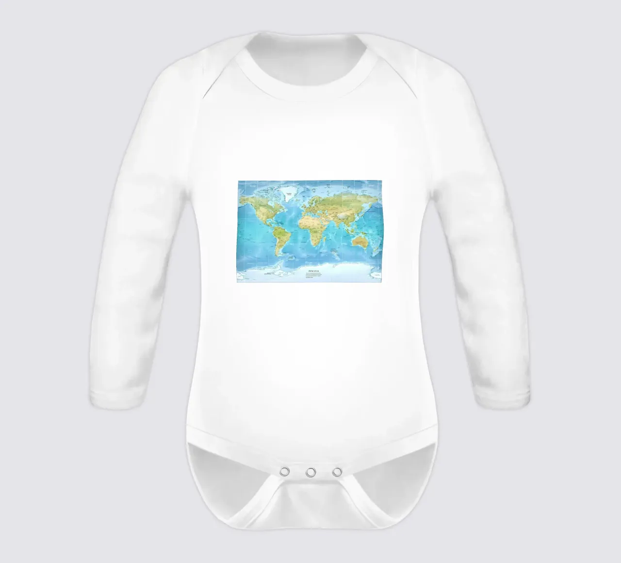 Physical World map long-sleeve baby romper by Aiden Garcia