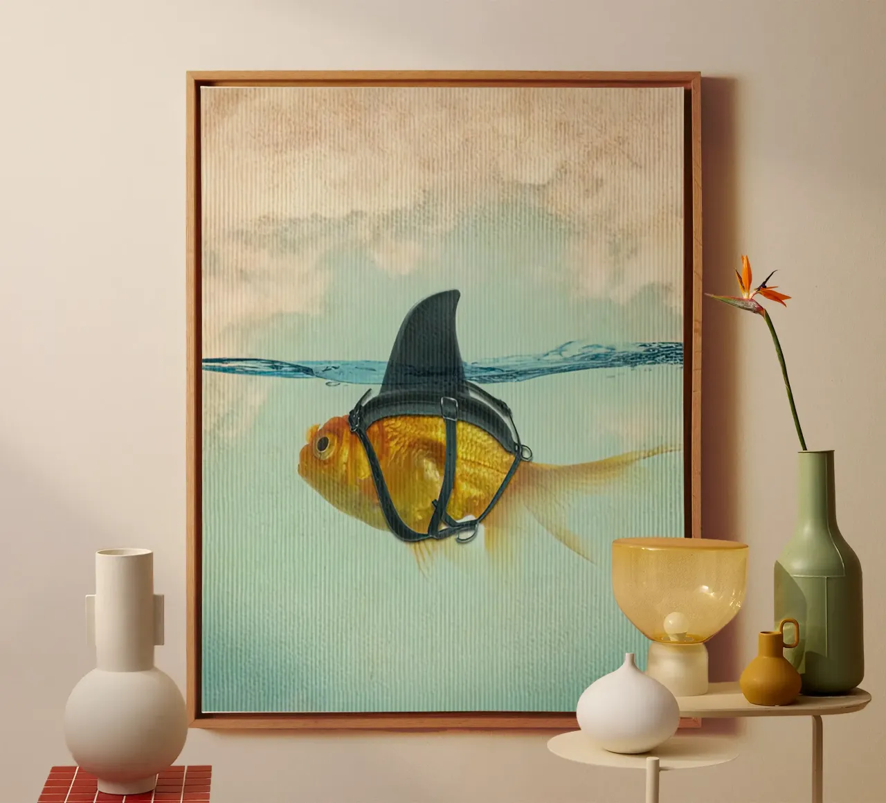 Brilliant Disguise, Goldfish with a Shark Fin canvas with Floater frame by isokun