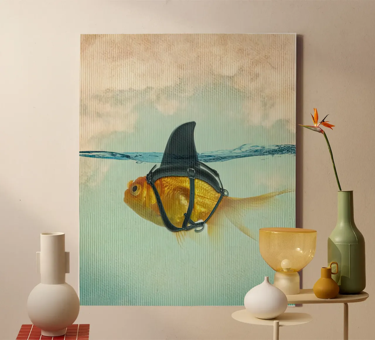 Brilliant Disguise, Goldfish with a Shark Fin canvas with Floater frame by isokun