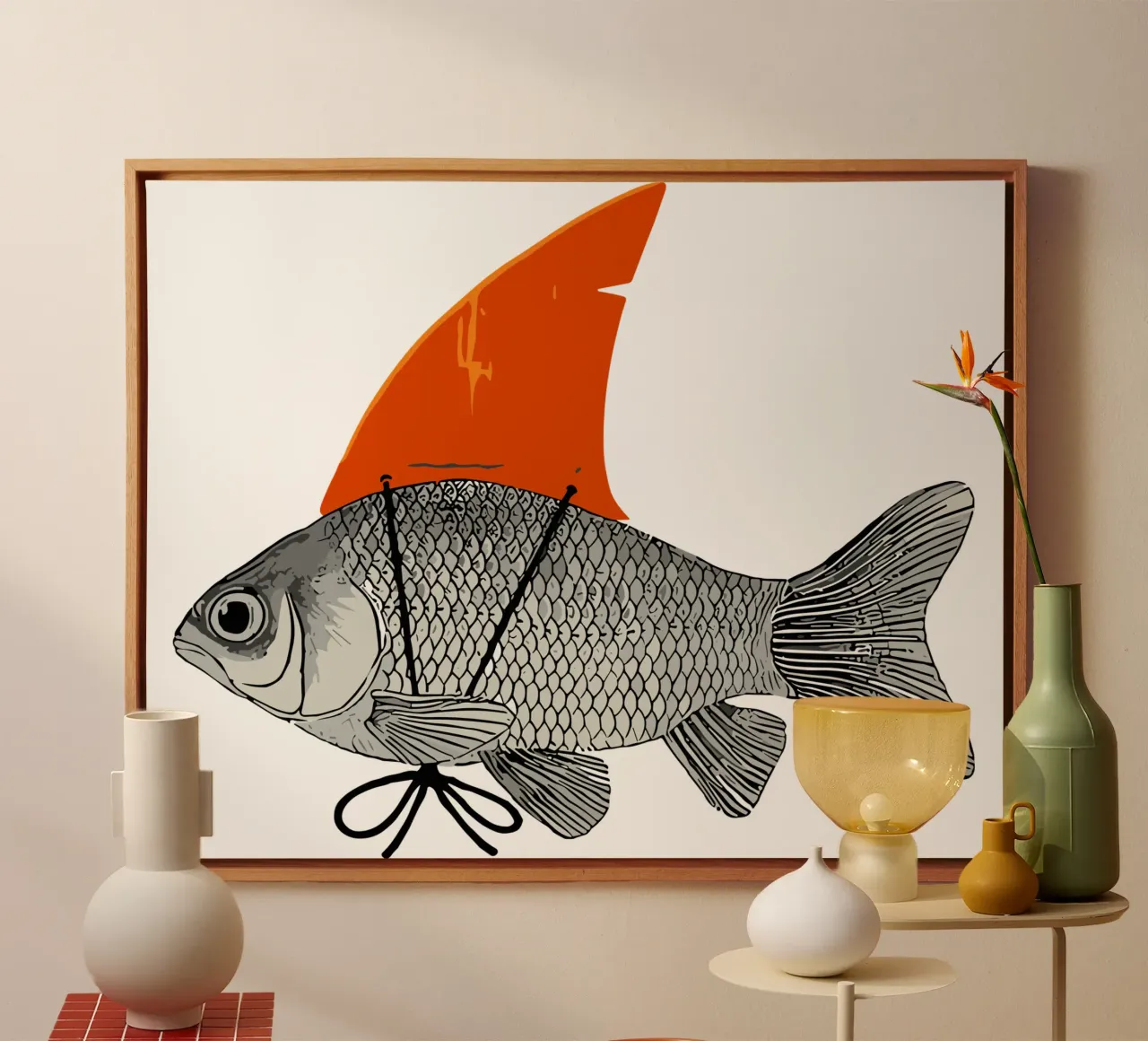 Goldfish with a Shark Fin canvas with Floater frame by isokun