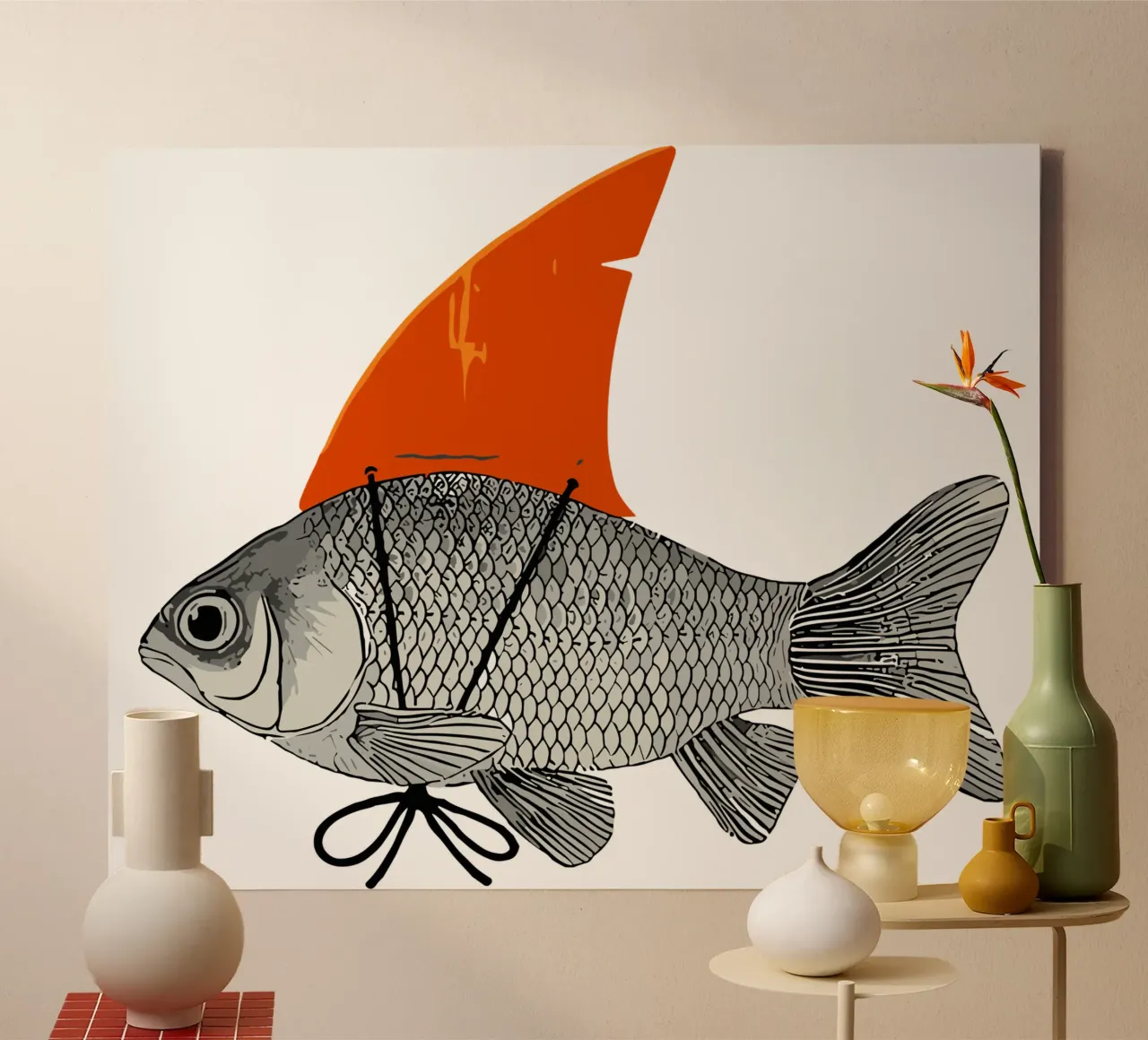 Goldfish with a Shark Fin canvas with Floater frame by isokun