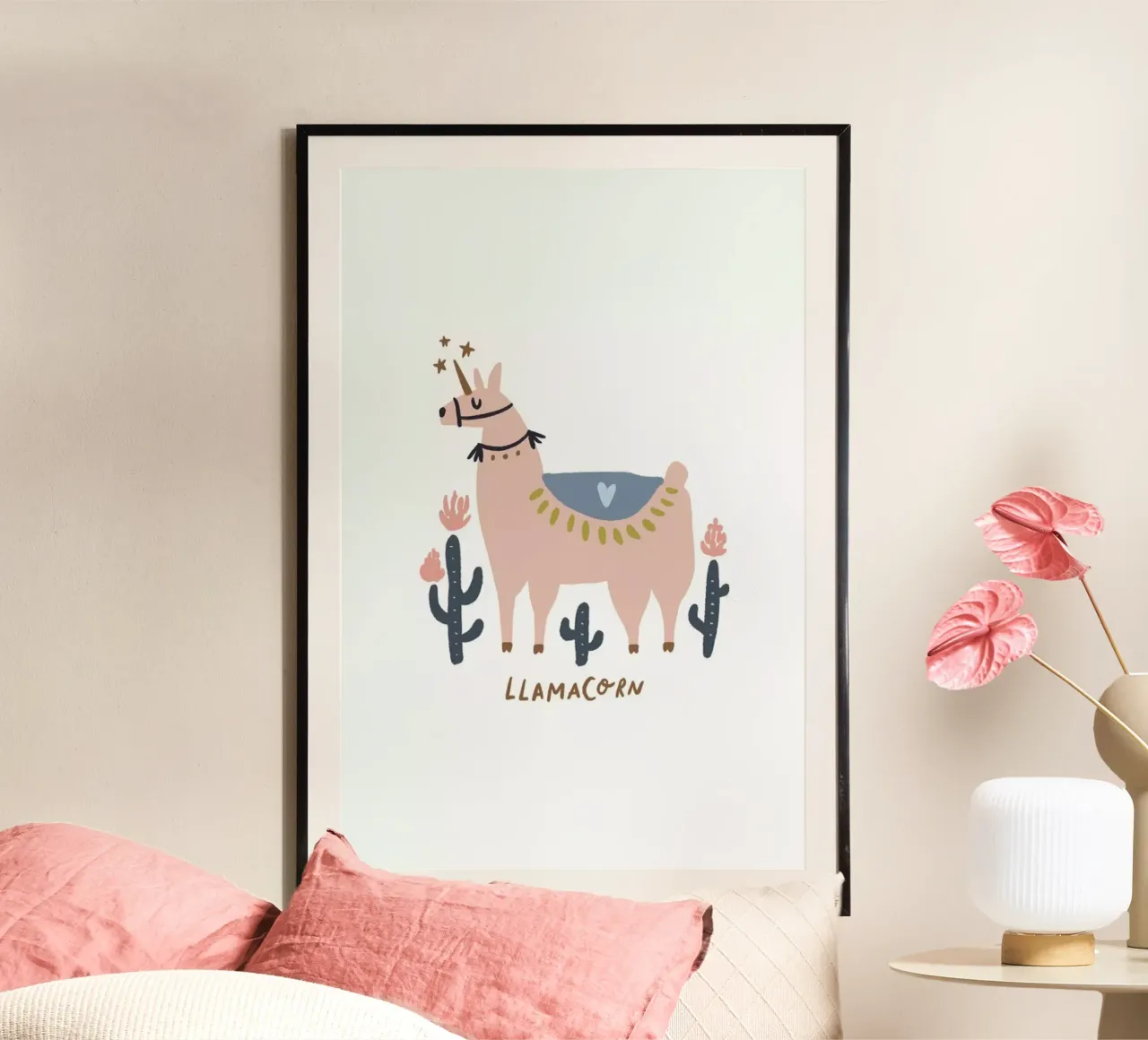 Llamacorn poster con telaio in legno da Little Flourishes