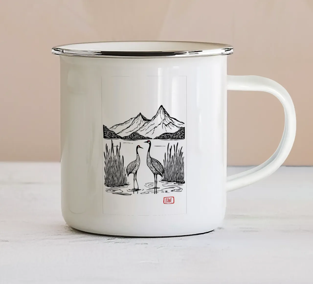 Cranes in Harmony tazza in smalto da Indigo Rain