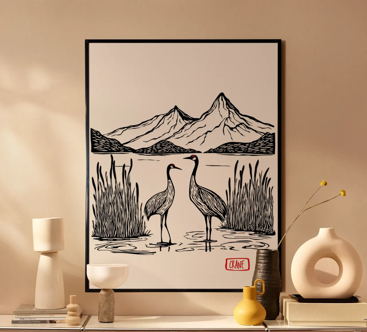 Cranes in Harmony poster con telaio in alluminio da Indigo Rain