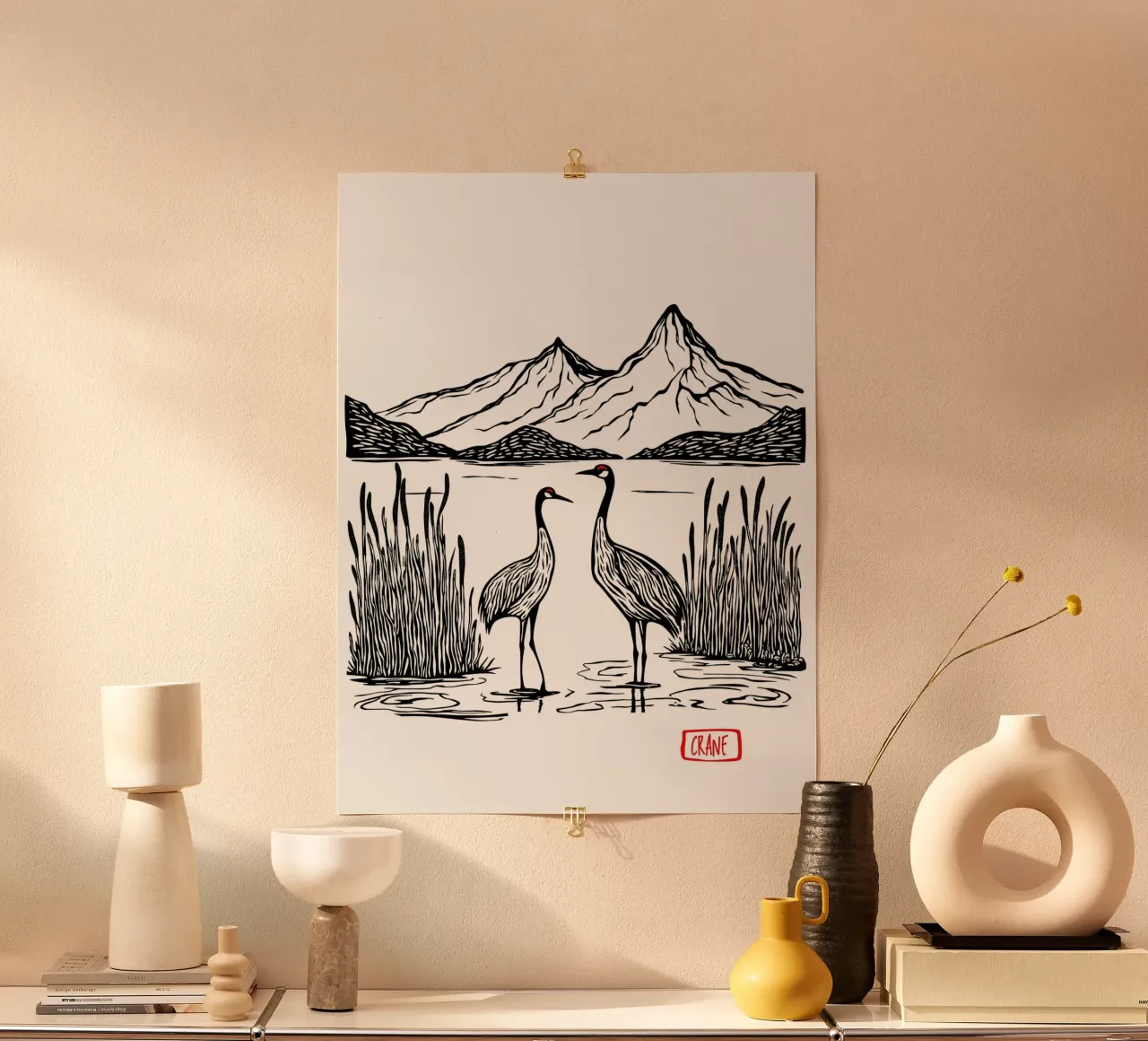 Cranes in Harmony poster con telaio in alluminio da Indigo Rain