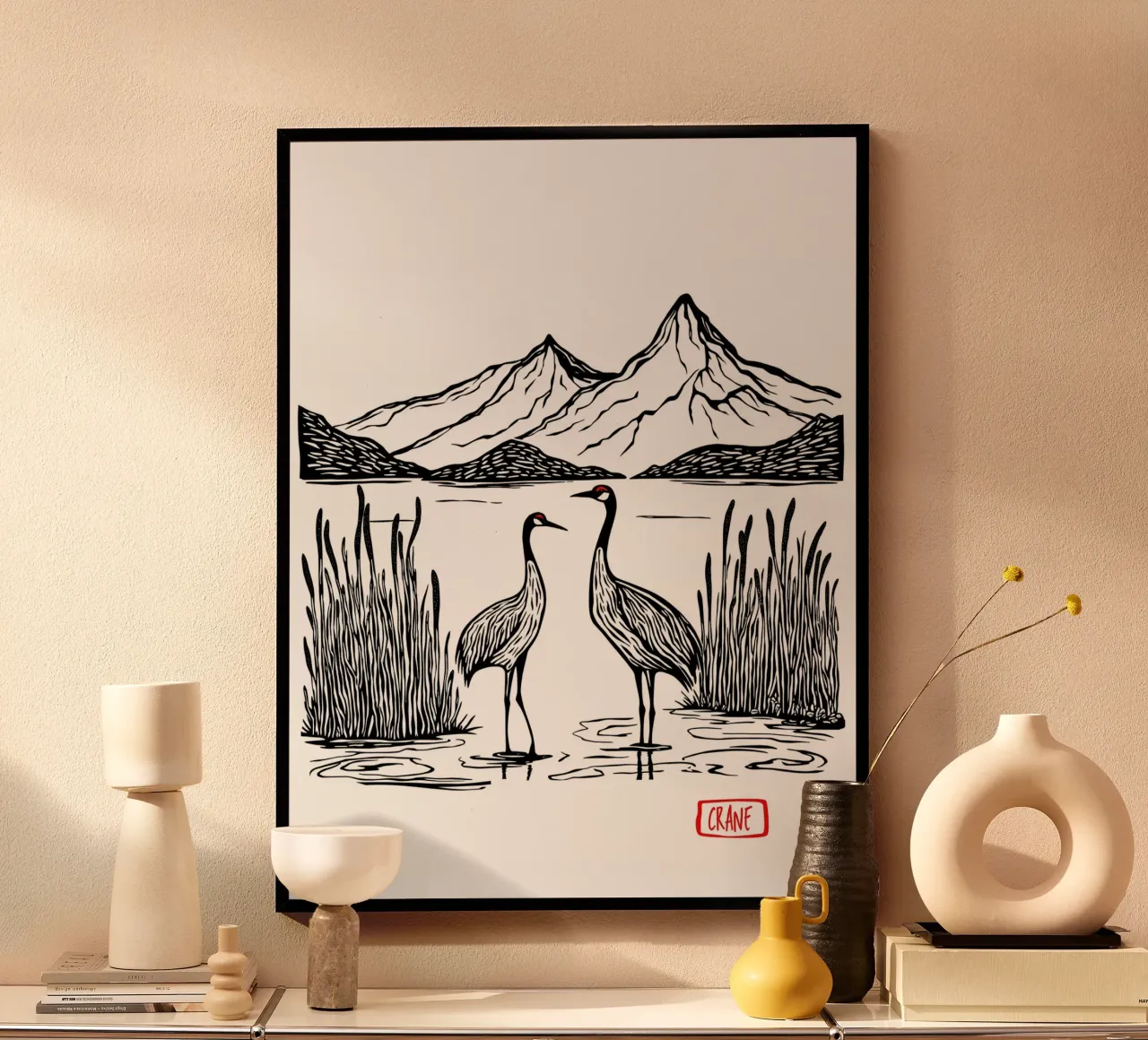 Cranes in Harmony poster con telaio in alluminio da Indigo Rain