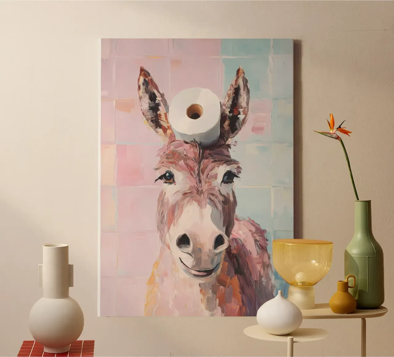 Ezel met wc-hoed canvas met Baklijst van Adrian Patel