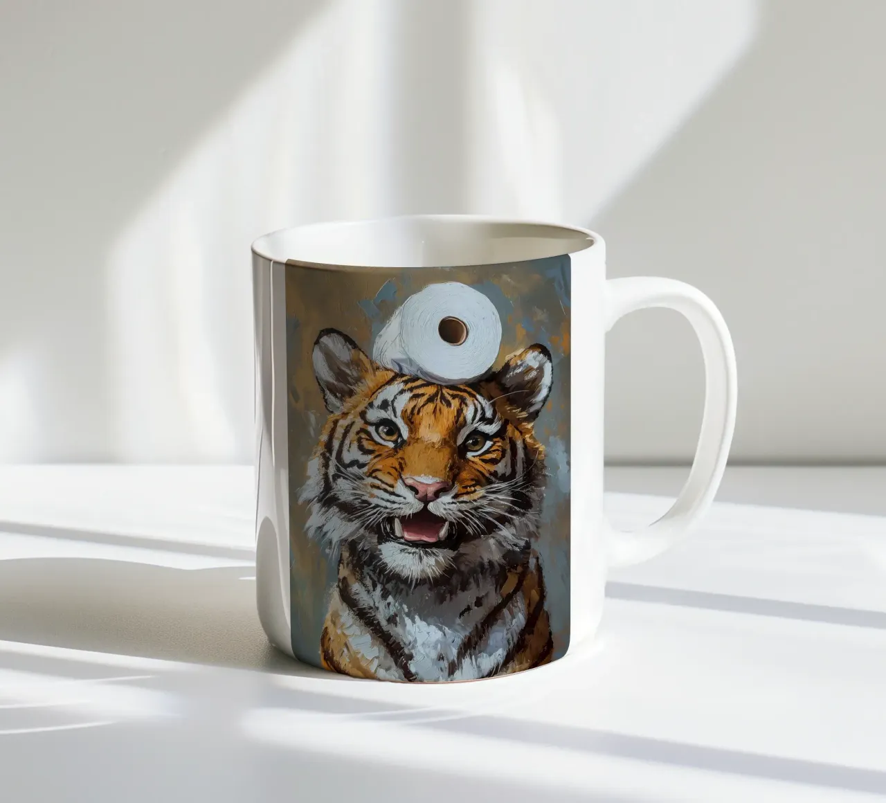 Tijger met toiletpapier keramische mok van Adrian Patel