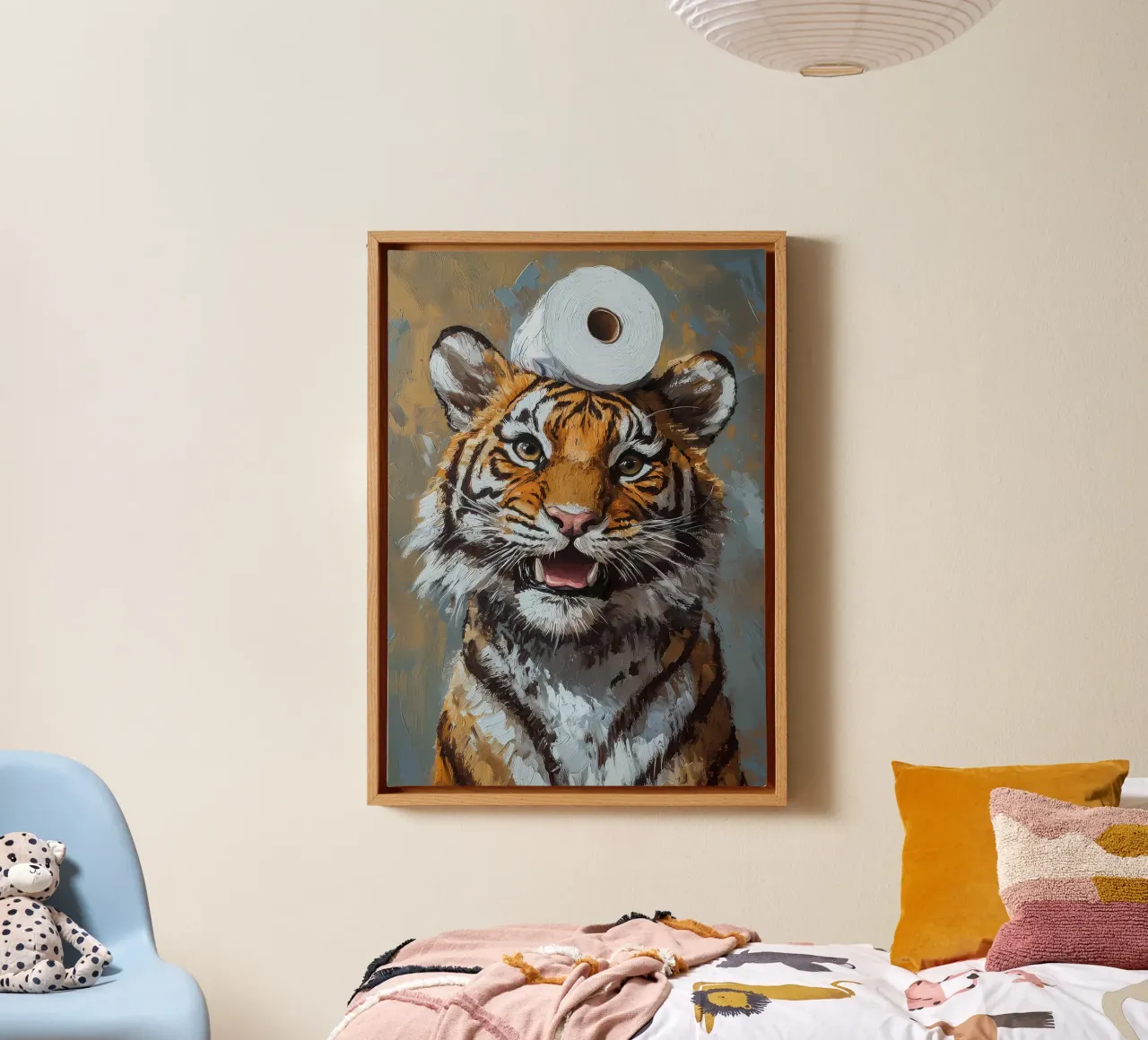 Tijger met toiletpapier canvas met Baklijst van Adrian Patel