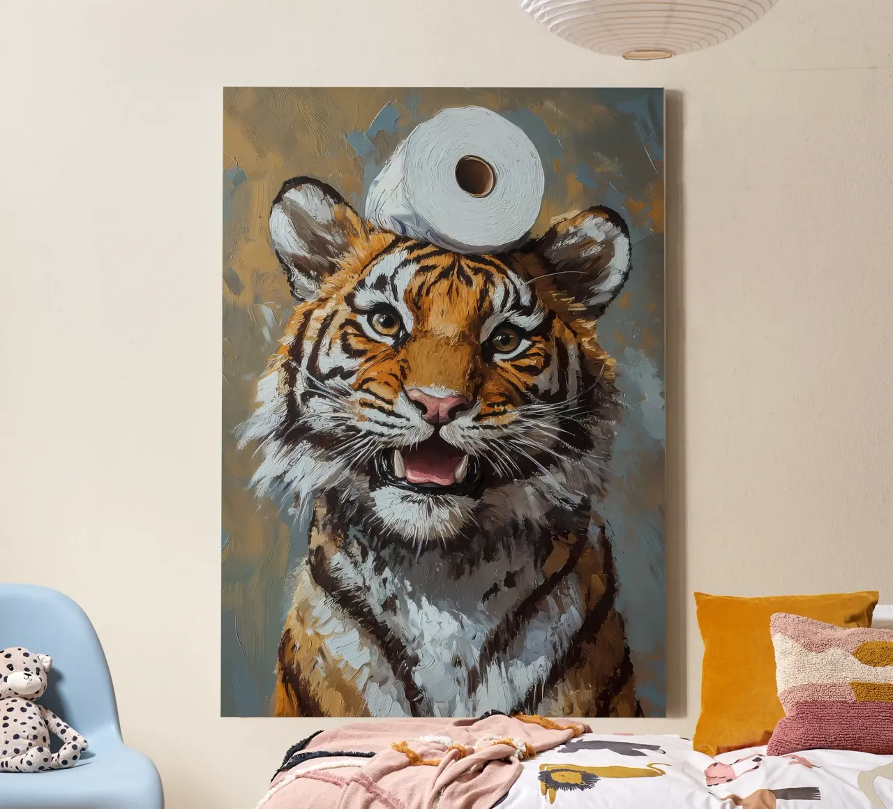 Tijger met toiletpapier canvas met Baklijst van Adrian Patel