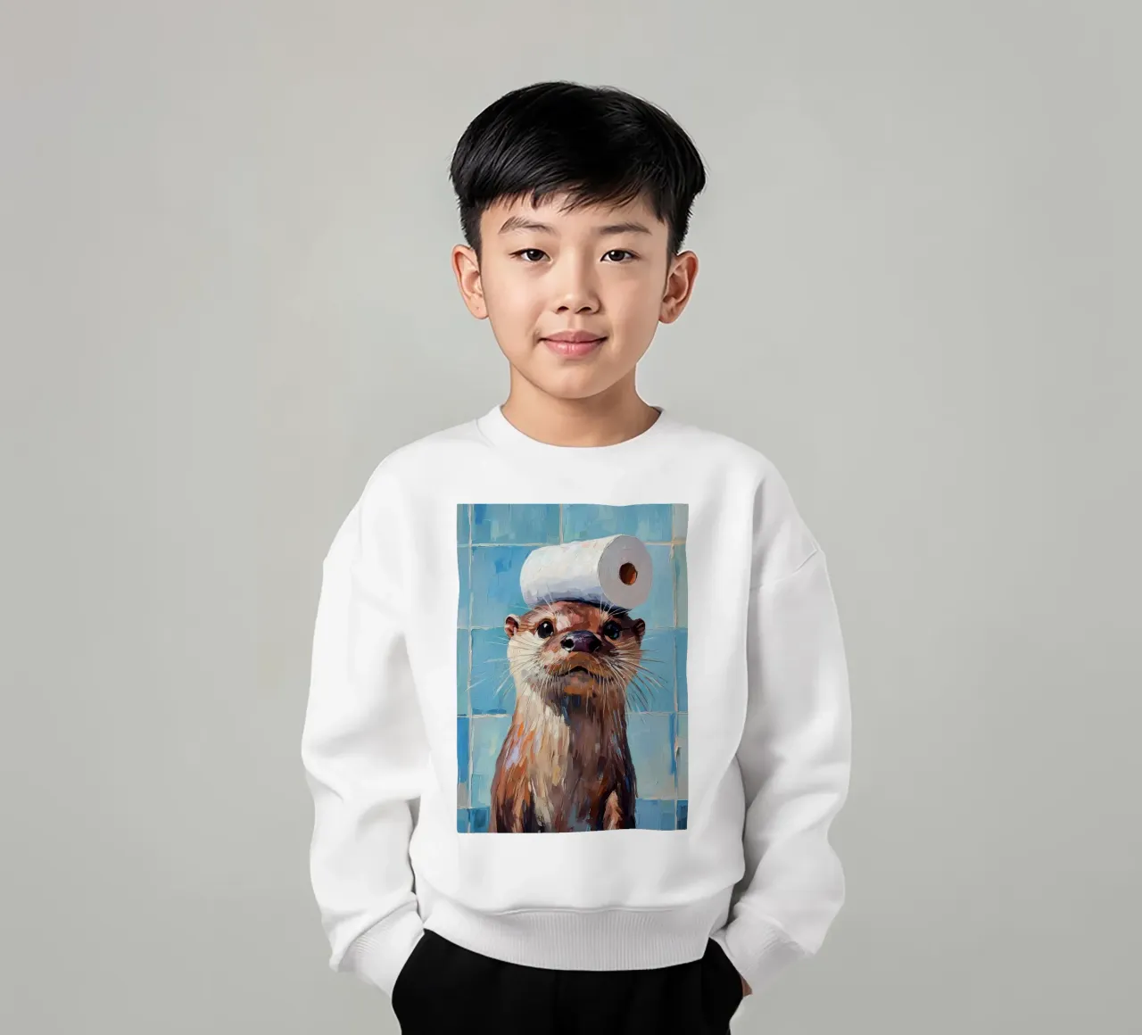 Otter with Toilet Paper Hat kids sweatshirt by Adrian Patel