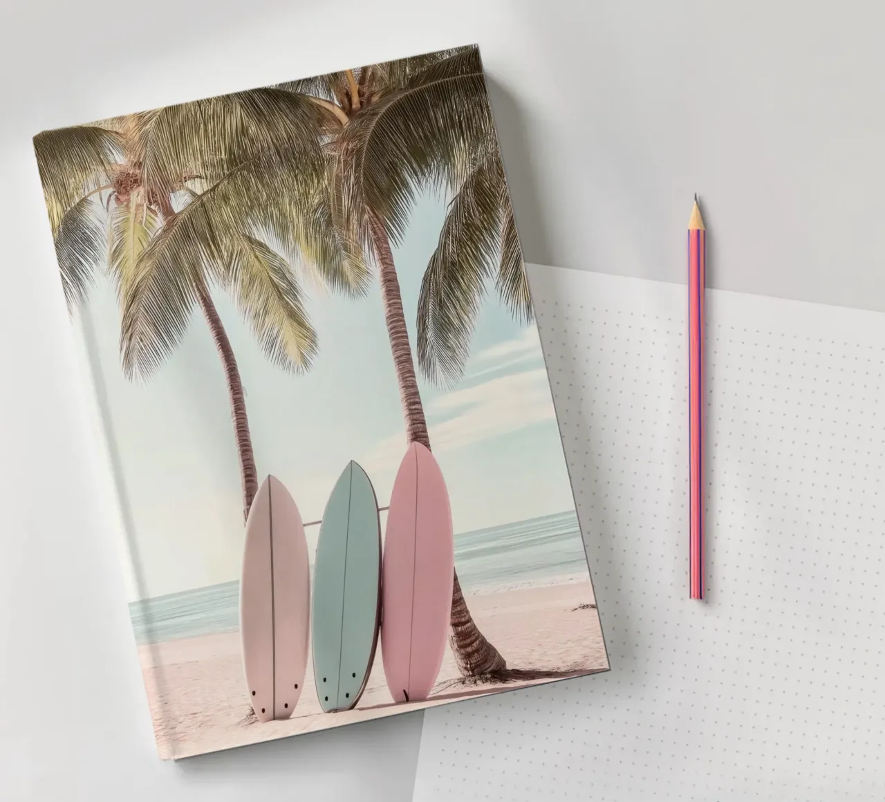 Summer Vibes Surfboards & Palms notebook by Indigo Tides Art