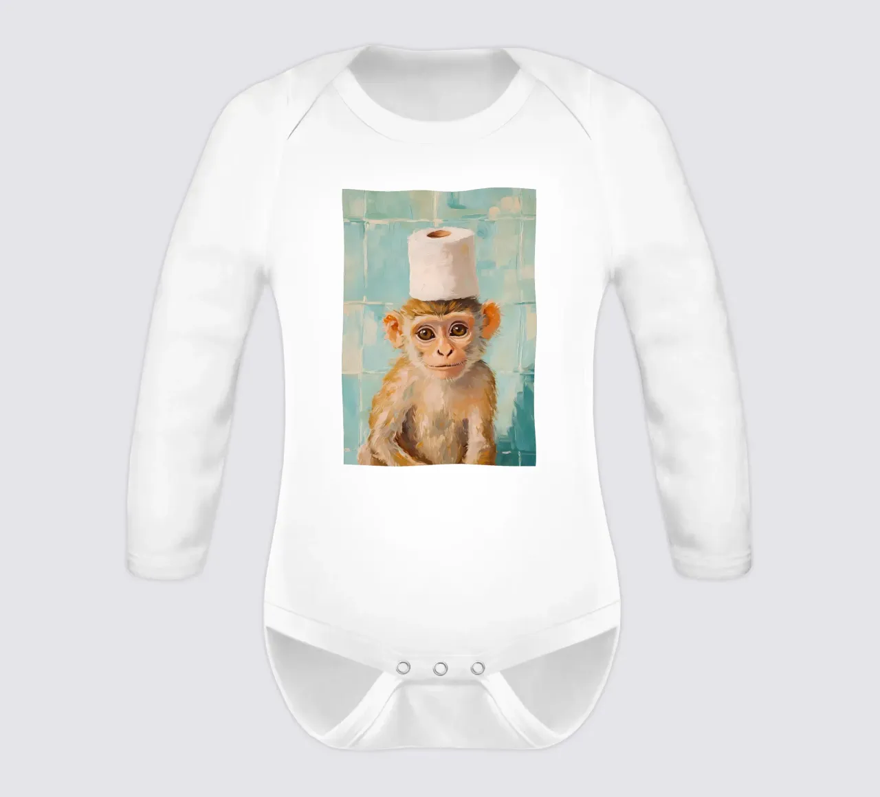 Monkey with Toilet Paper Hat long-sleeve baby romper by Adrian Patel