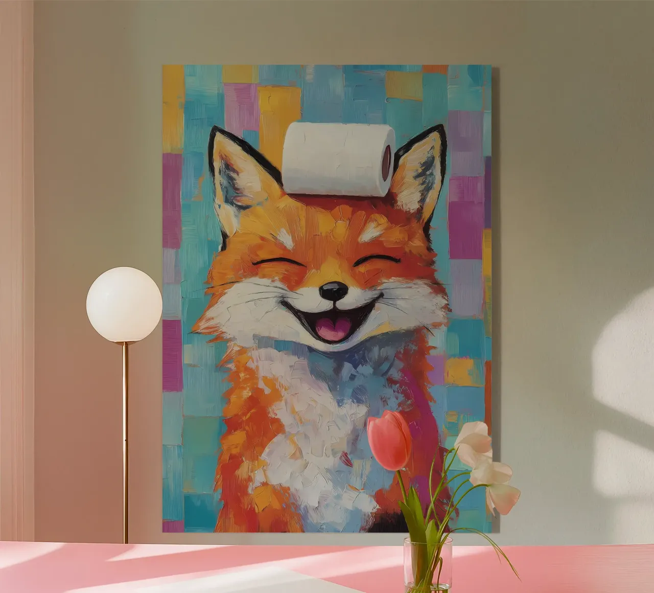 Lächelnder Fuchs mit Toilettenpapier Acryl-Glas von Adrian Patel