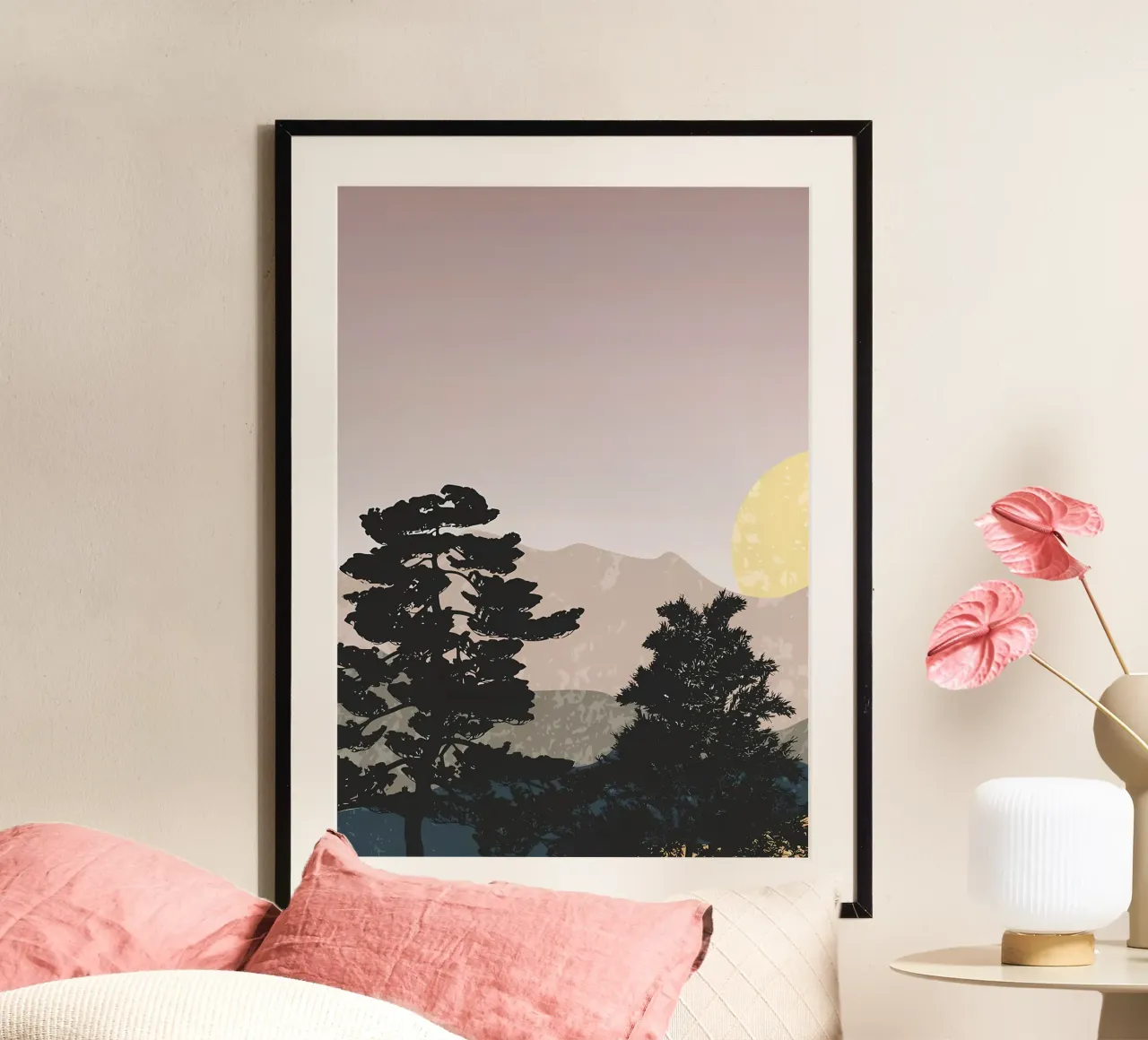 Sole con paesaggio forestale poster con telaio in alluminio da Bartosz Powalka