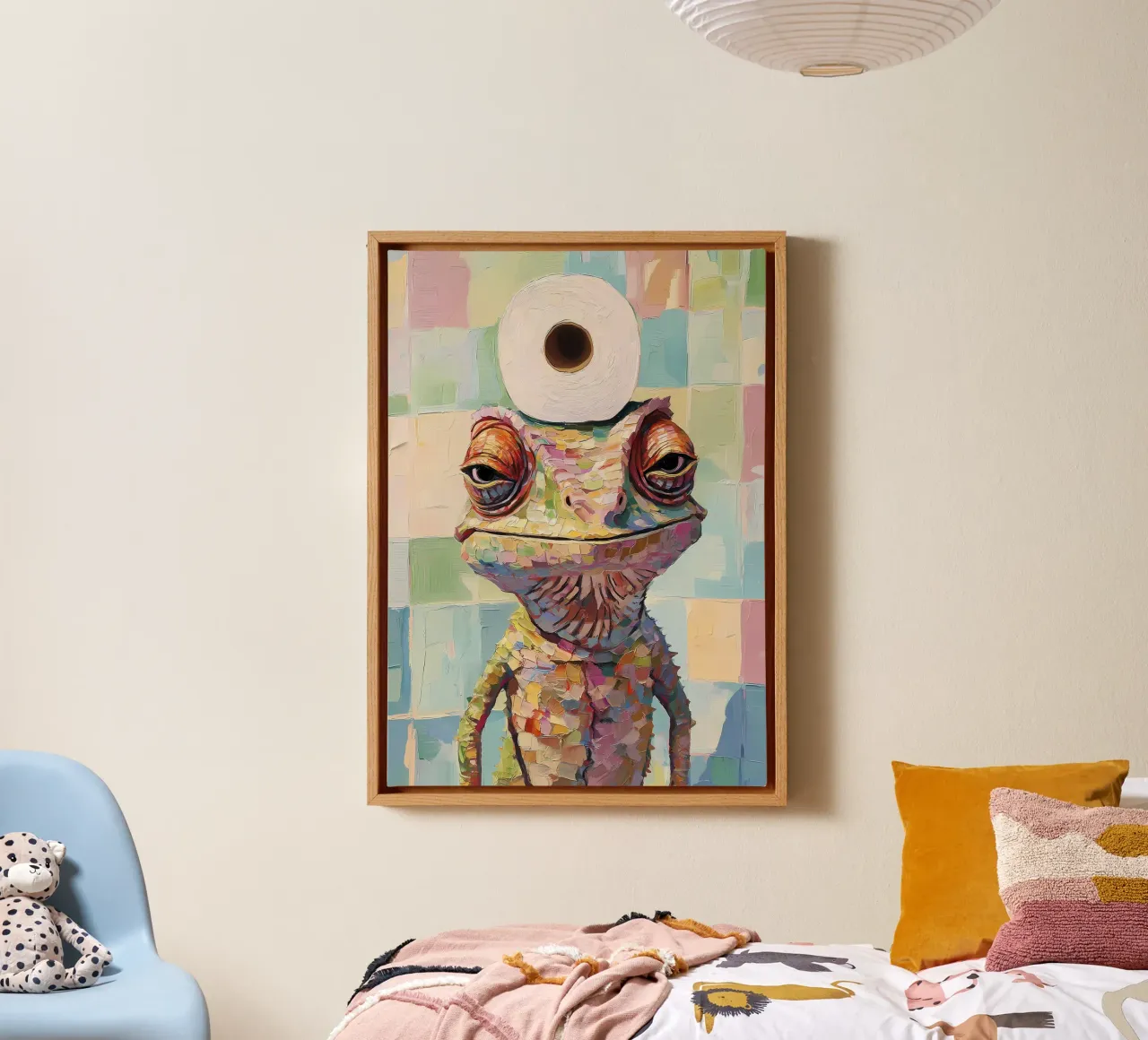 Lizard with Toilet Paper canvas with Floater frame by Adrian Patel