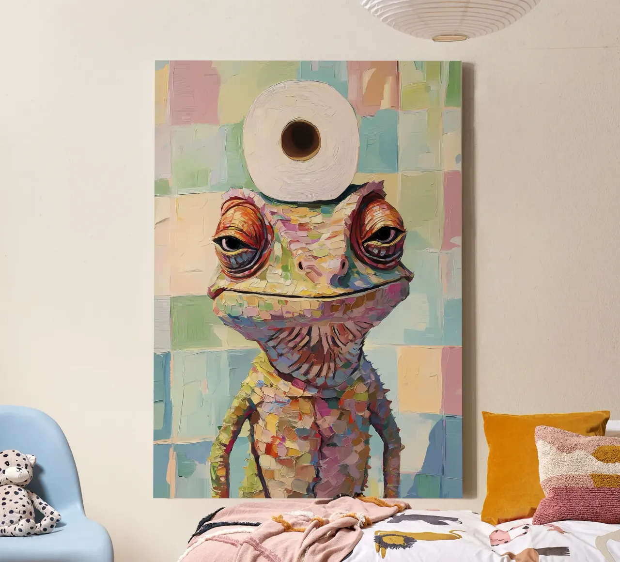 Lizard with Toilet Paper canvas with Floater frame by Adrian Patel