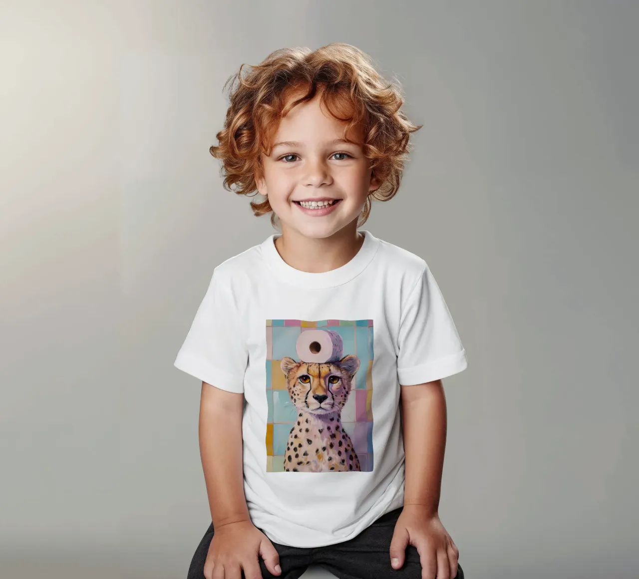 Cheetah with Toilet Paper kids t-shirt by Adrian Patel