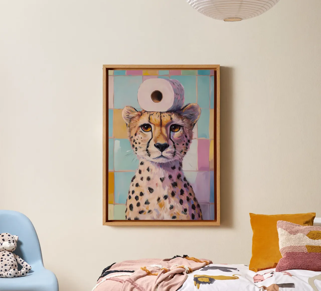Cheetah with Toilet Paper canvas with Floater frame by Adrian Patel