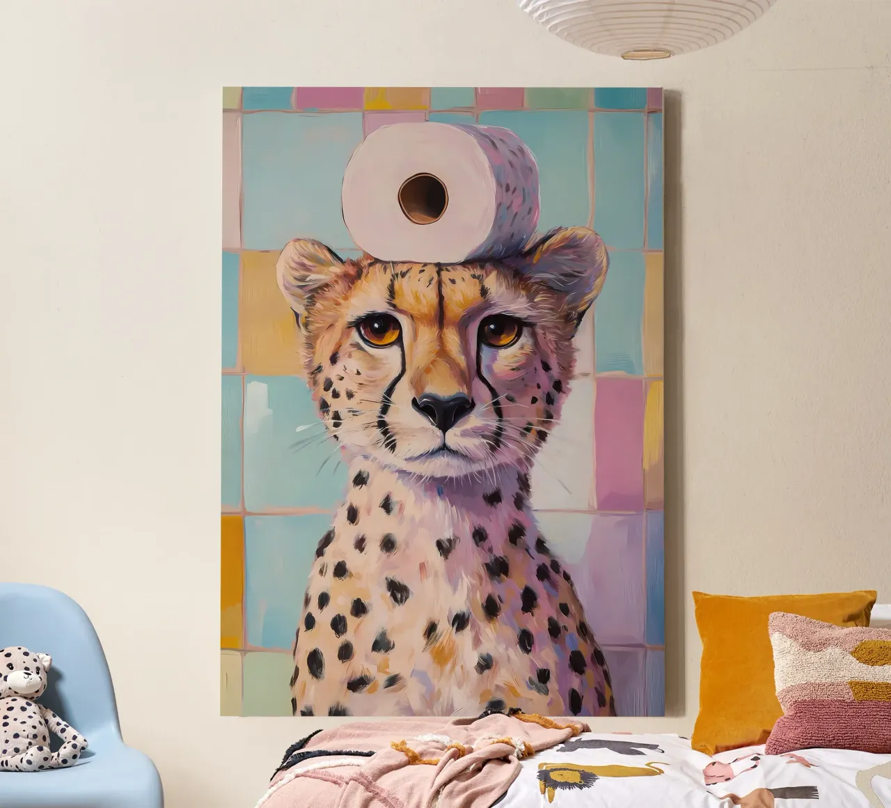 Cheetah with Toilet Paper canvas with Floater frame by Adrian Patel