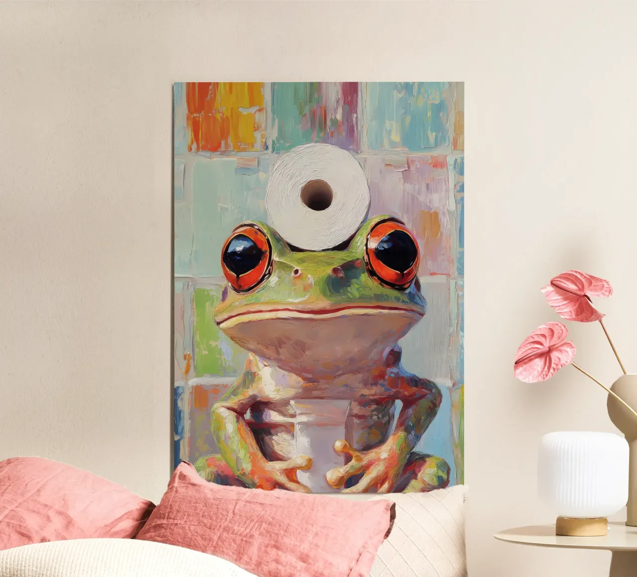 Rana con carta igienica poster con telaio in legno da Adrian Patel