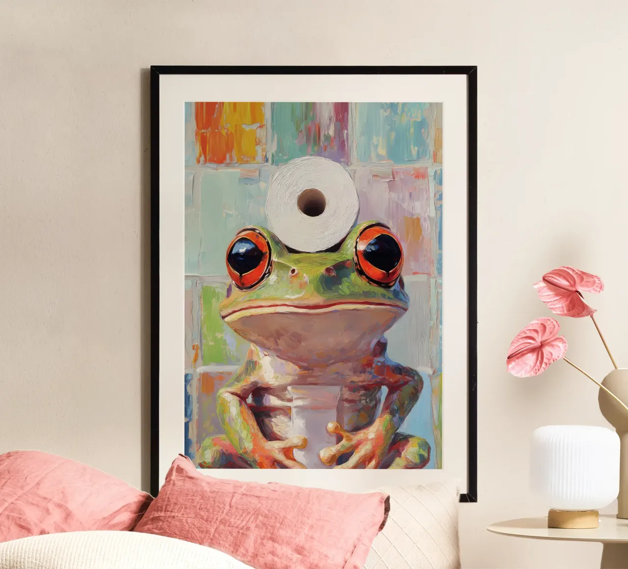 Rana con carta igienica poster con telaio in legno da Adrian Patel