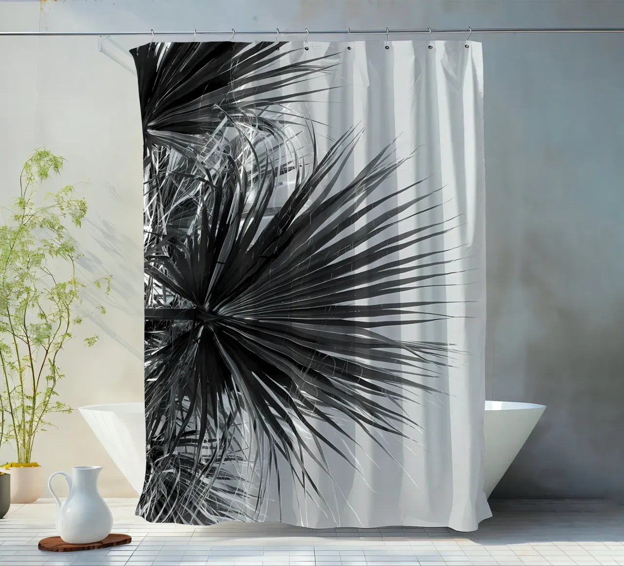 Fan Palm Black White Vibes shower curtain by Matthew Katz