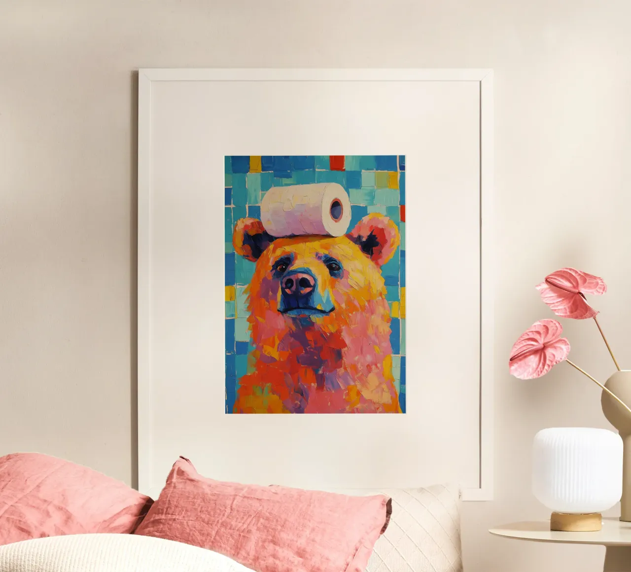 Orso con carta igienica poster con telaio in legno da Adrian Patel