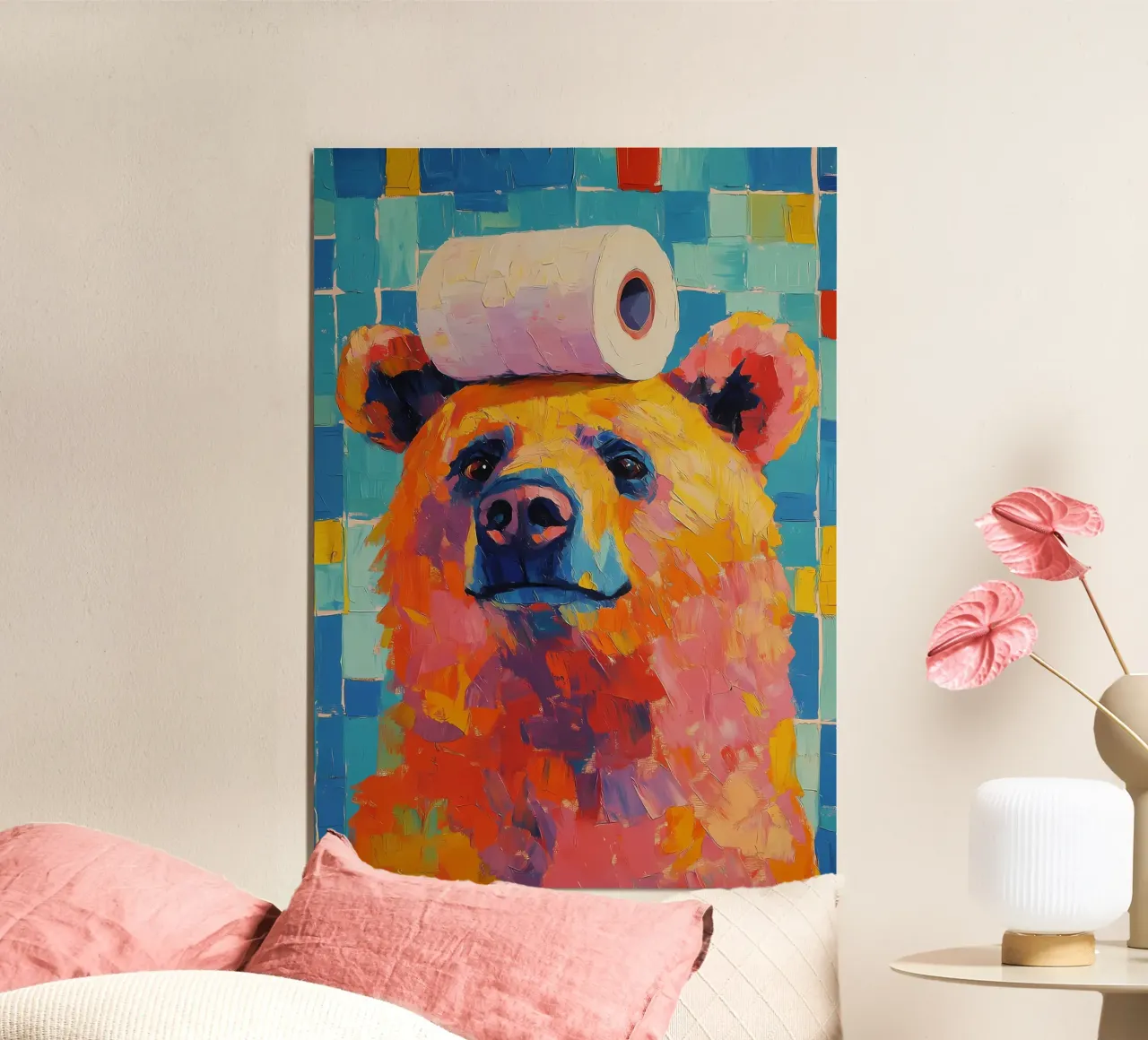 Orso con carta igienica poster con telaio in legno da Adrian Patel