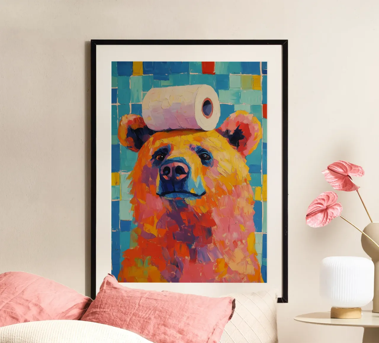 Orso con carta igienica poster con telaio in legno da Adrian Patel