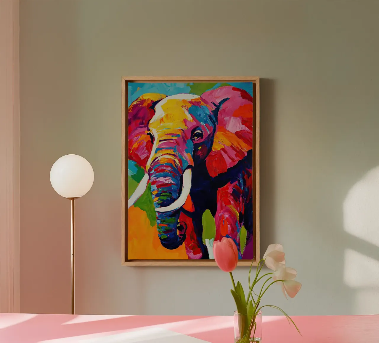 Olifant: dans van kleuren in de zonsondergang canvas met Baklijst van Nikis Art Studio