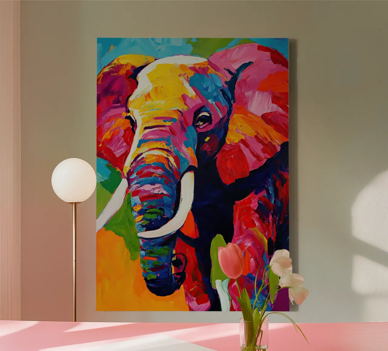 Olifant: dans van kleuren in de zonsondergang canvas met Baklijst van Nikis Art Studio