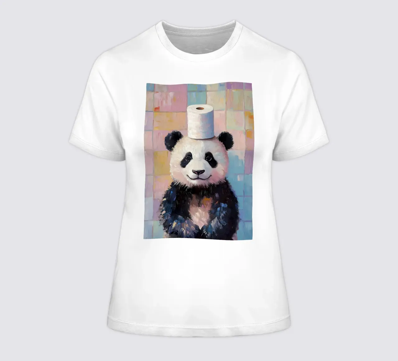 Panda with Toilet Paper Hat women's fitted t-shirt by Adrian Patel