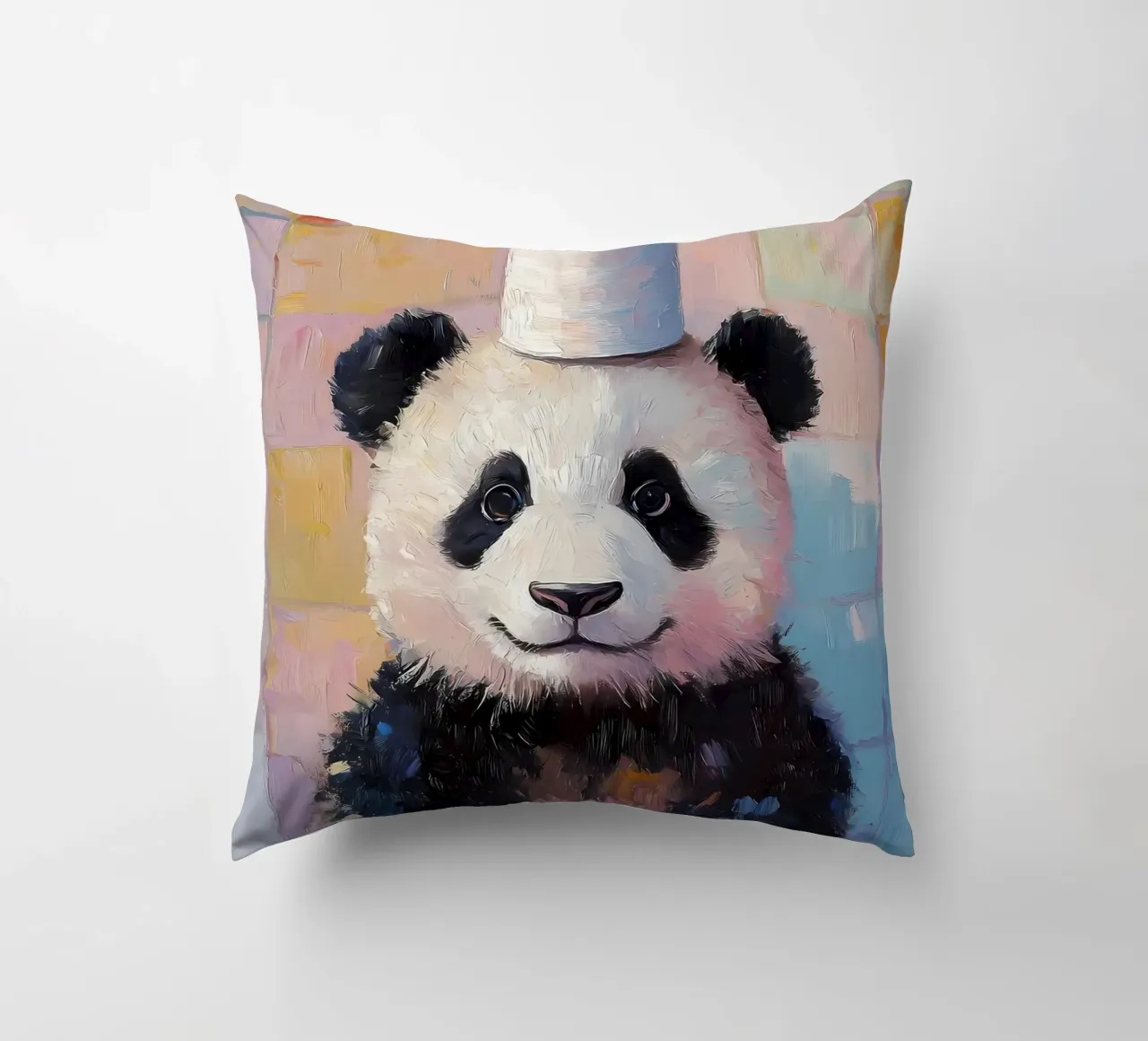 Panda with Toilet Paper Hat decorative cushion by Adrian Patel