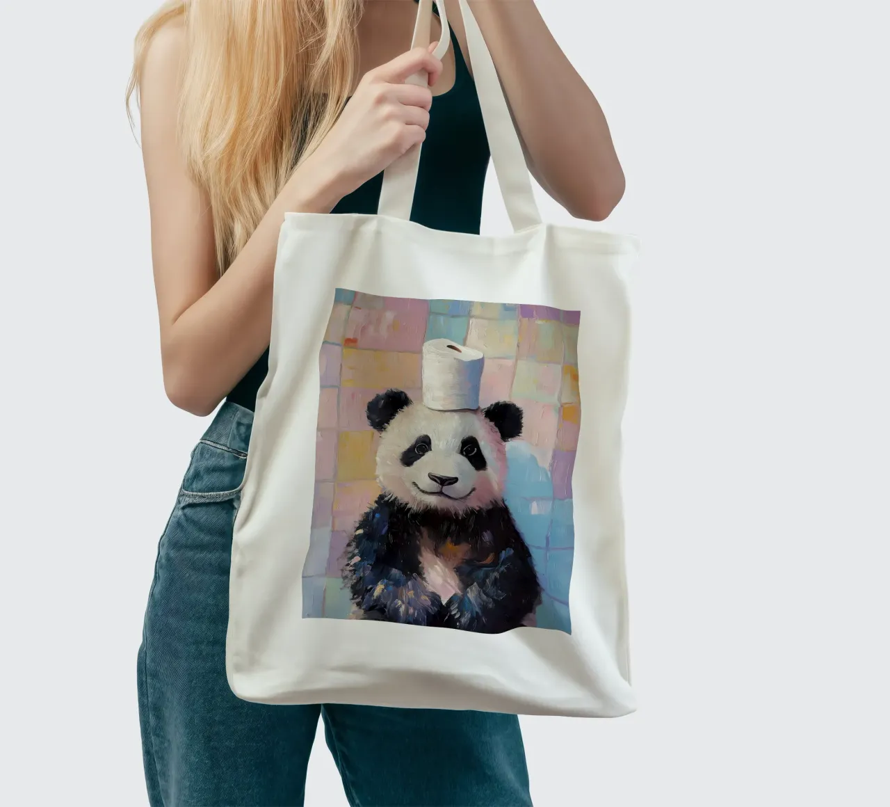 Panda with Toilet Paper Hat tote bag by Adrian Patel