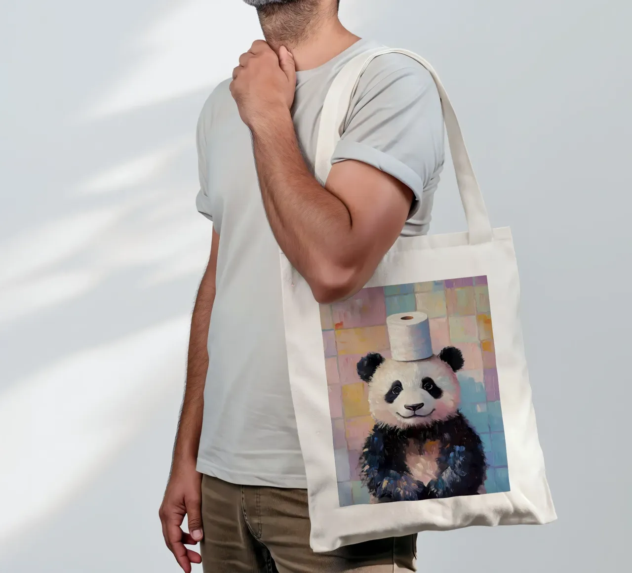Panda with Toilet Paper Hat tote bag by Adrian Patel