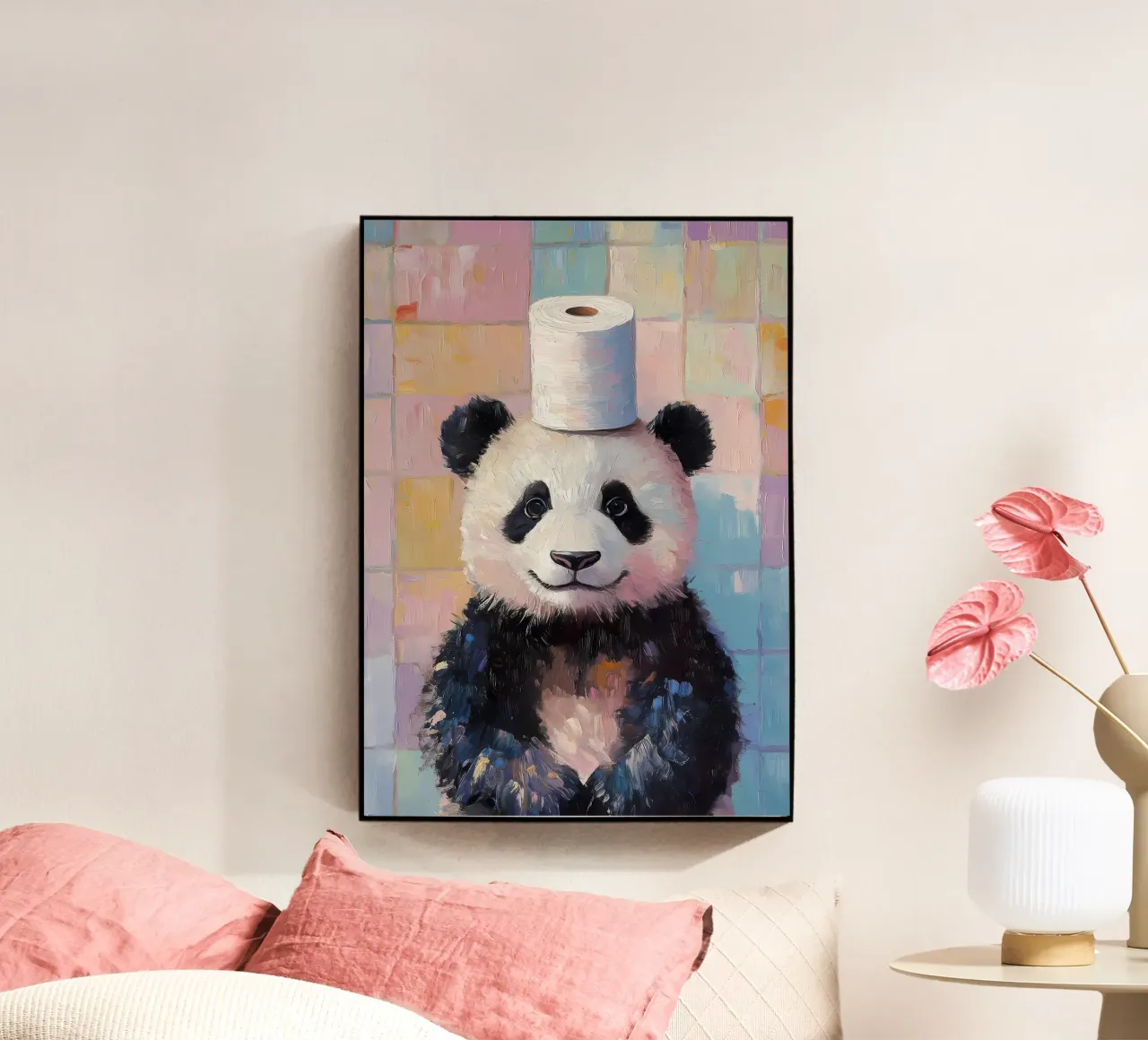 Panda with Toilet Paper Hat acrylic glass by Adrian Patel