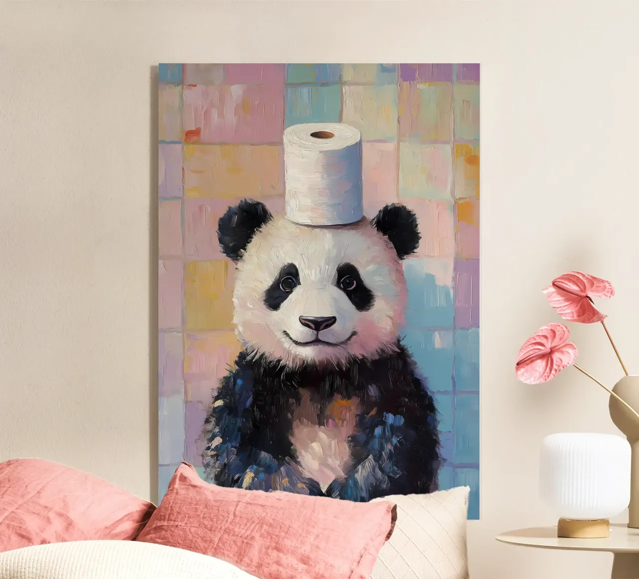 Panda with Toilet Paper Hat acrylic glass by Adrian Patel