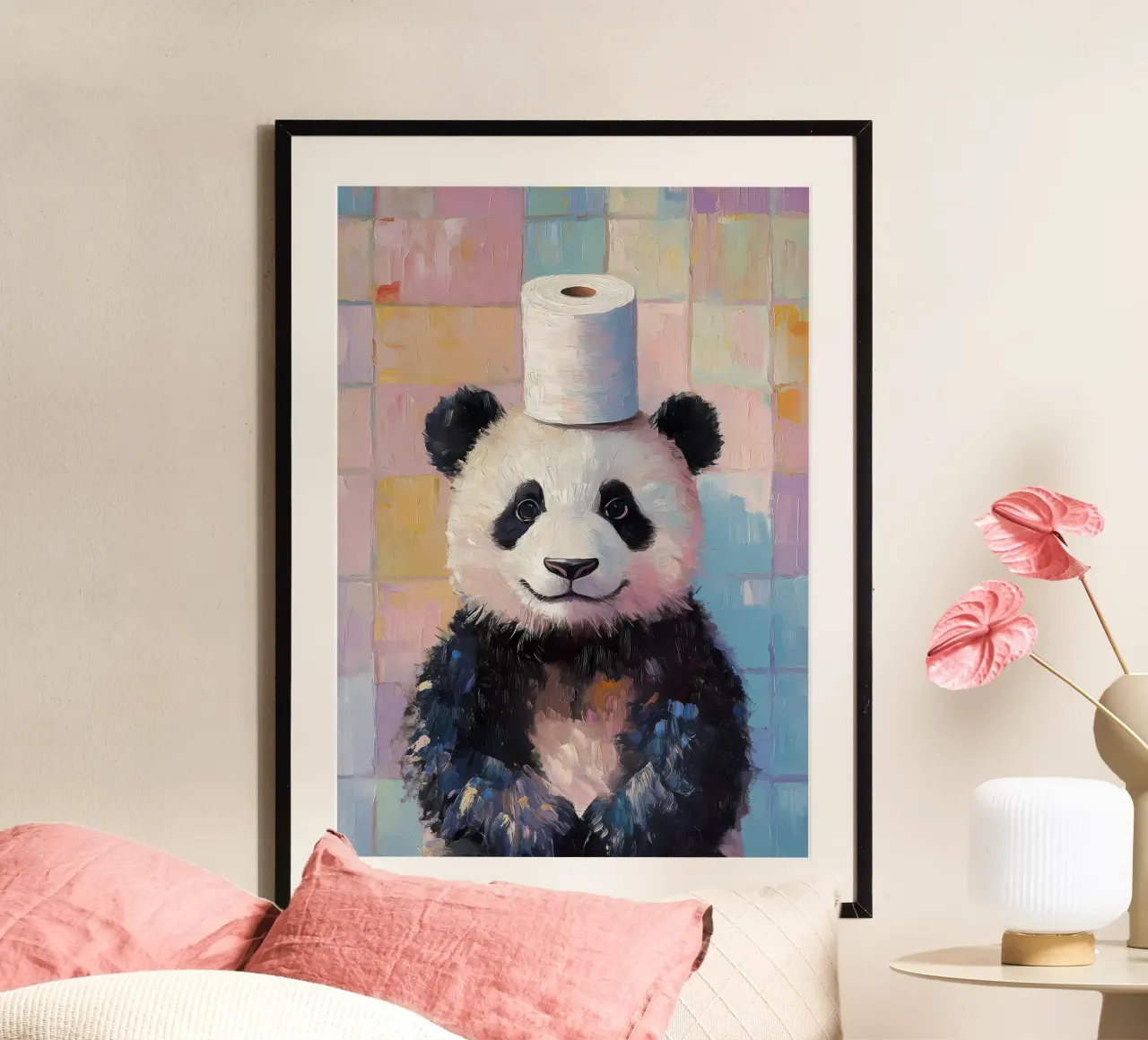 Panda met wc-hoed hahnemühle van Adrian Patel