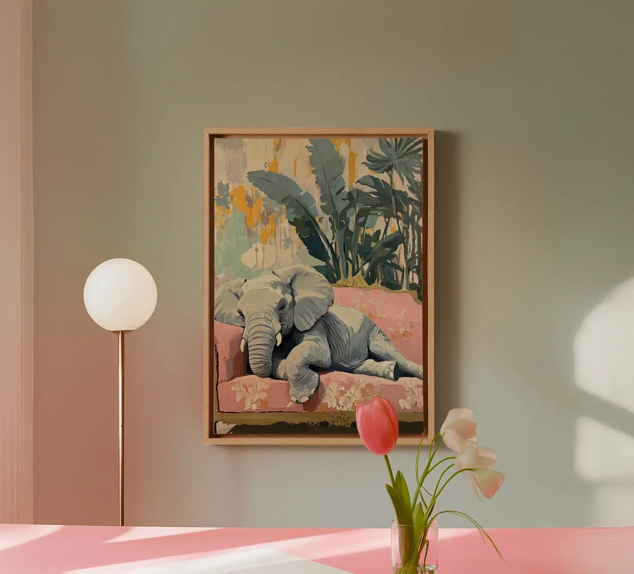 Elephant: A symbol of strength and tenderness canvas with Floater frame by Nikis Art Studio
