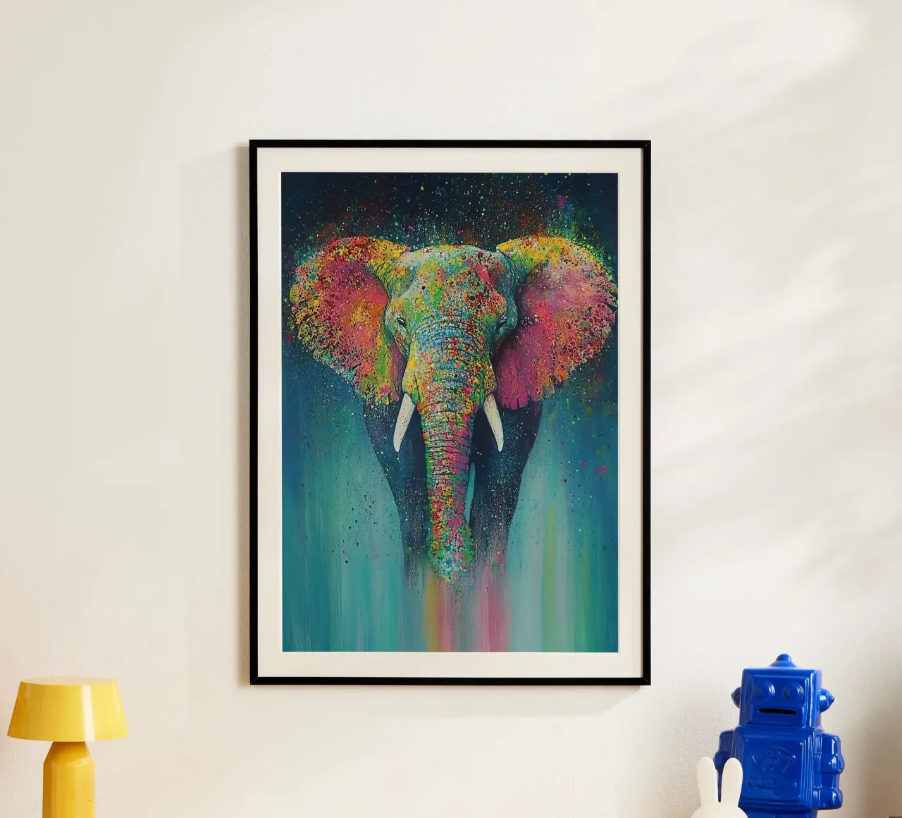Elefante: polvere di pixel e richiami di tromba poster con telaio in legno da Nikis Art Studio