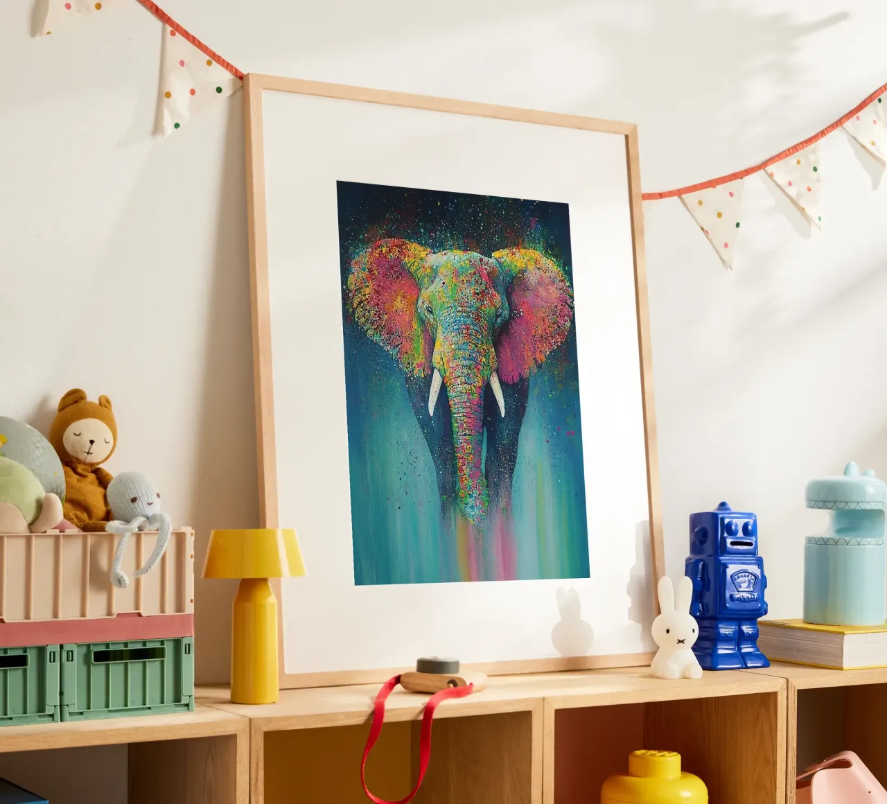 Elefante: polvere di pixel e richiami di tromba poster con telaio in legno da Nikis Art Studio
