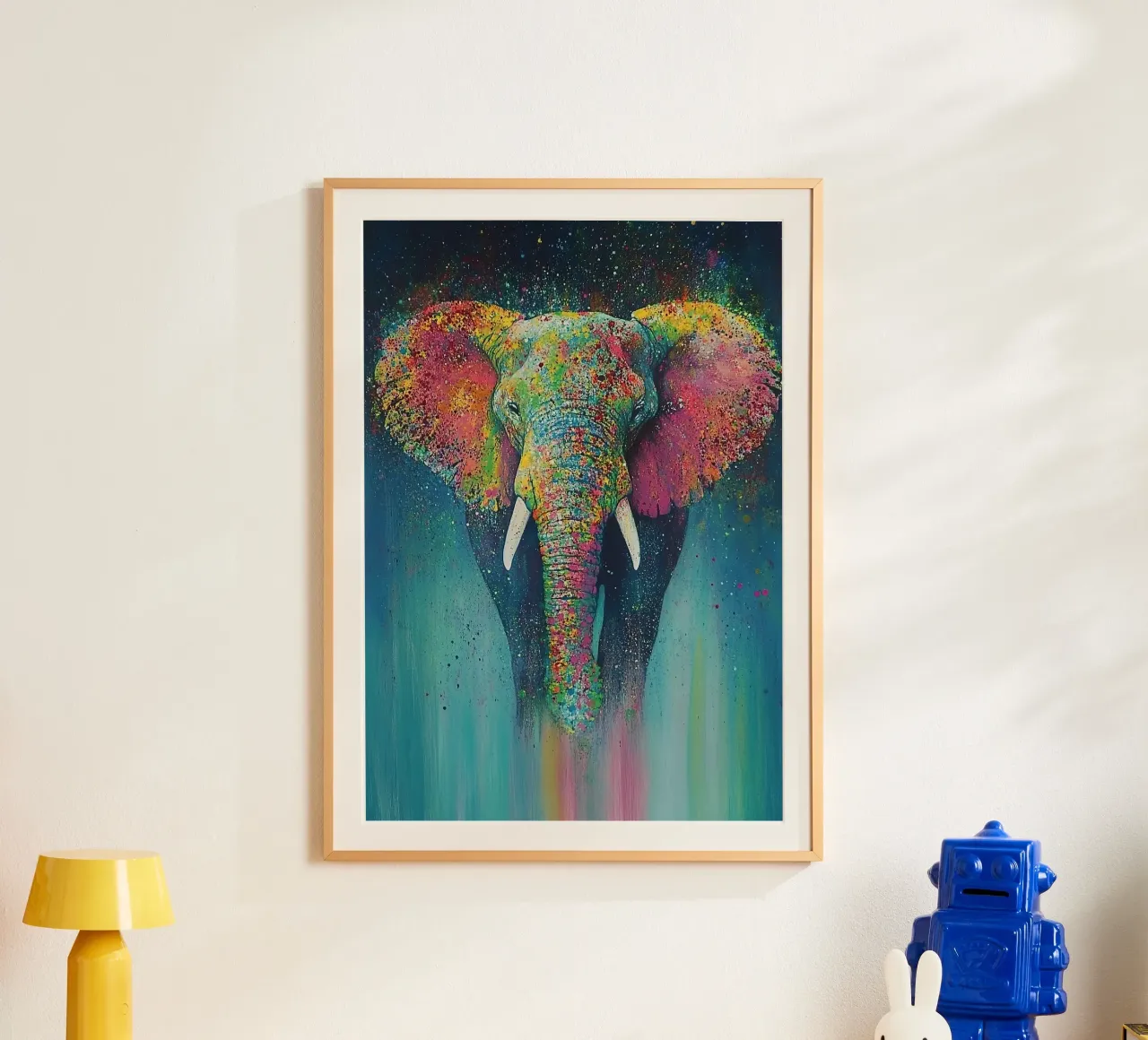 Elefante: polvere di pixel e richiami di tromba poster con telaio in legno da Nikis Art Studio