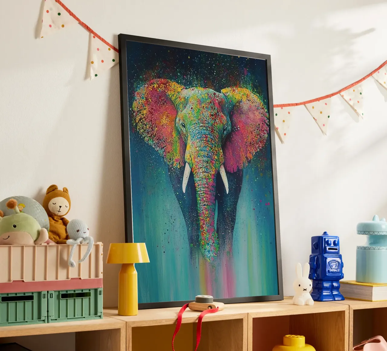 Elefante: polvere di pixel e richiami di tromba poster con telaio in legno da Nikis Art Studio