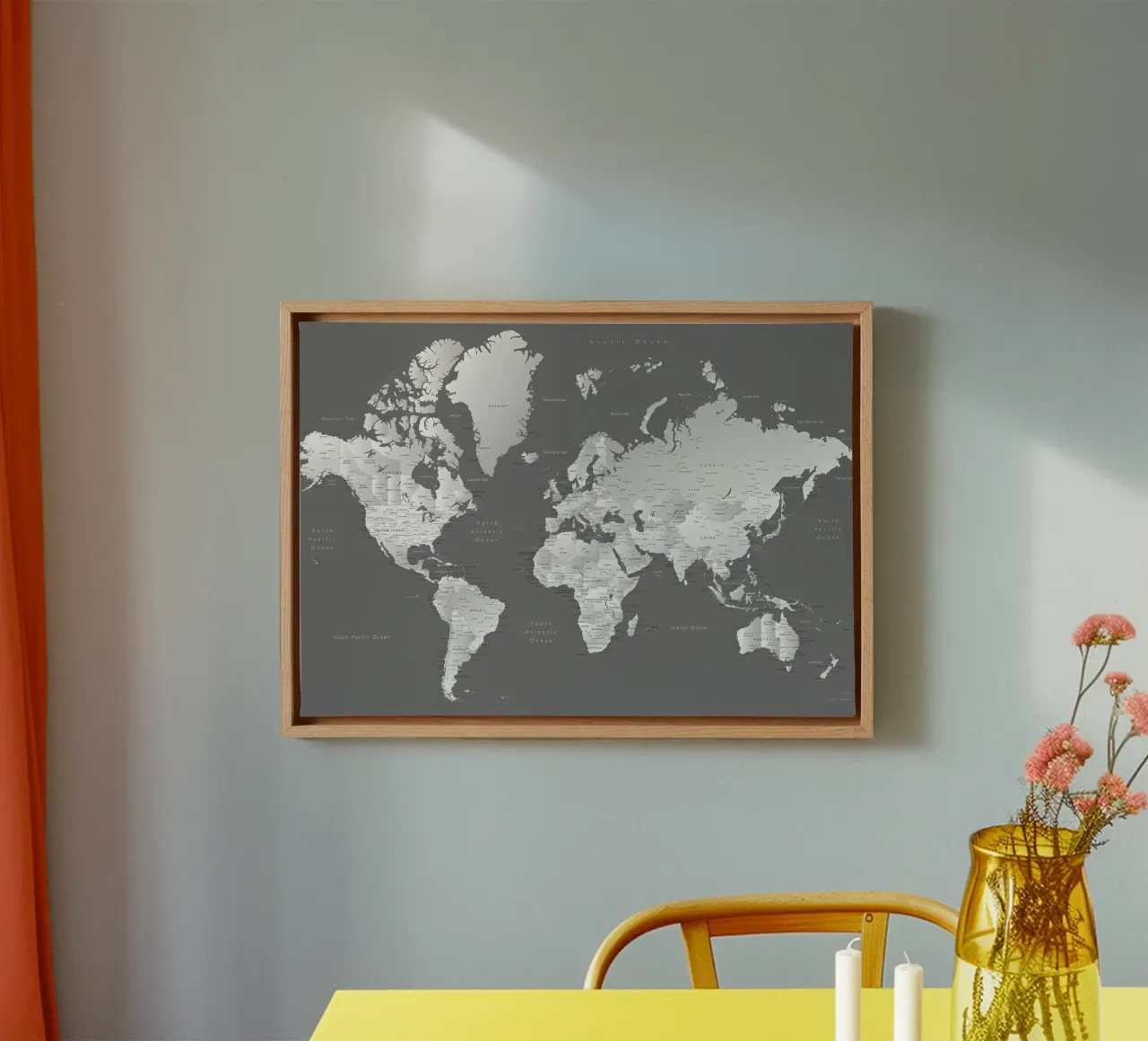 Gradient grey world map canvas with Floater frame by Aiden Garcia