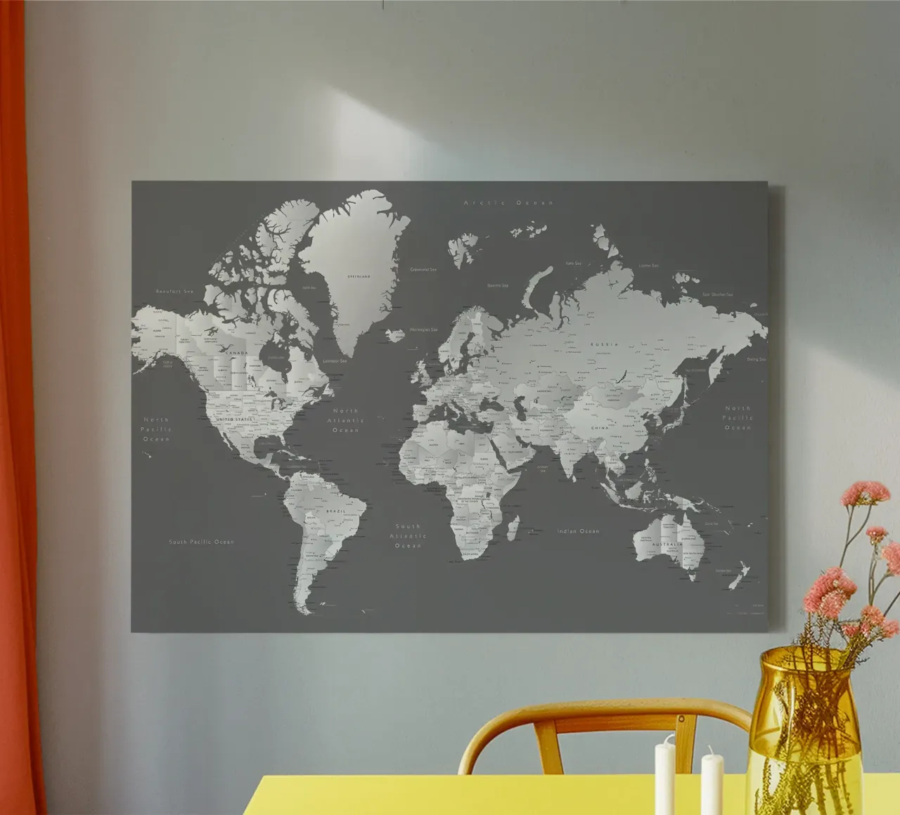 Gradient grey world map canvas with Floater frame by Aiden Garcia
