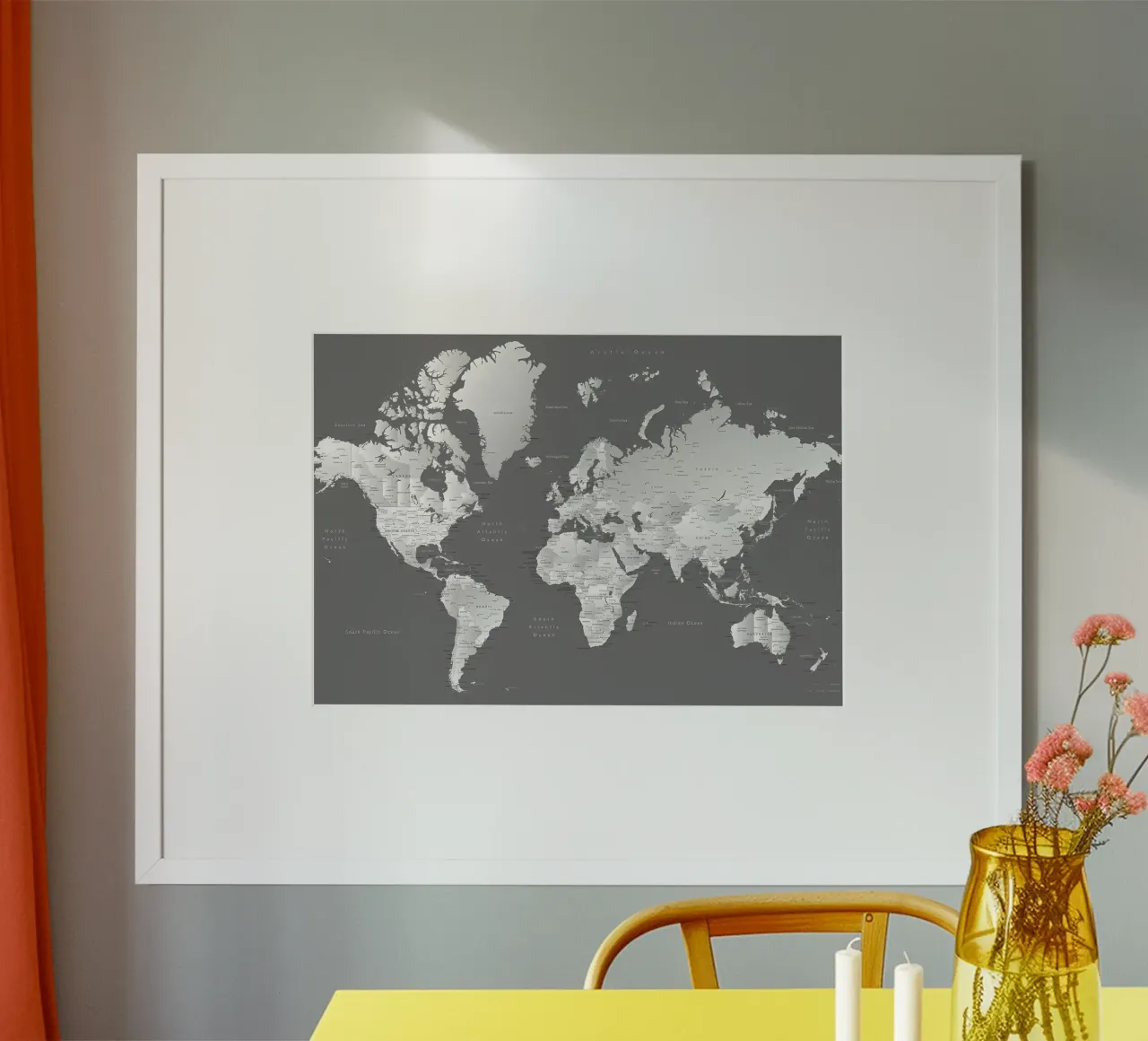 Gradient grey world map poster with aluminum frame by Aiden Garcia